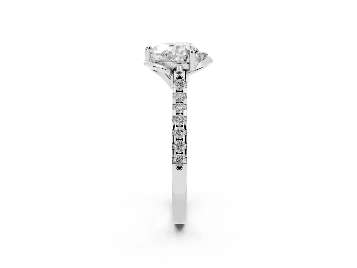 Heart Cut Diamond Ring with Pavé Band and Floral Prong Setting White gold