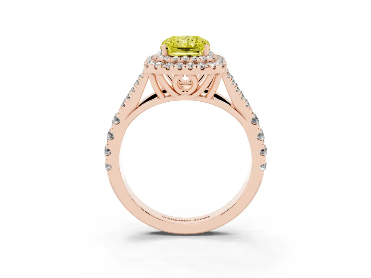Fancy Yellow Double Halo Radiant Cut Diamond Split Shank Engagement Ring with Four-Prong Setting Rose gold