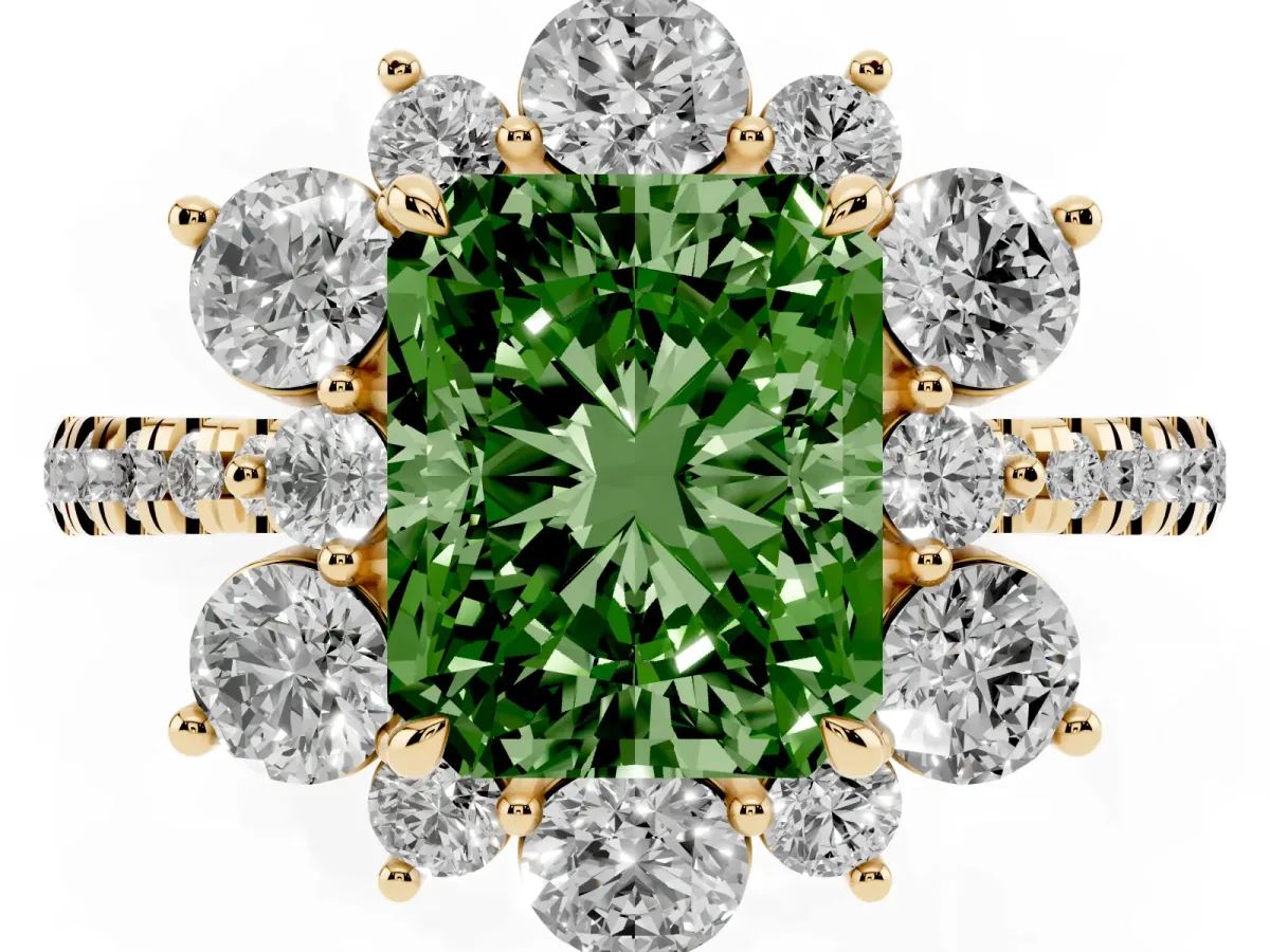 Fancy Green Radiant Cut Diamond Floral Halo Ring with Round Pavé Band and Prong Setting Yellow gold