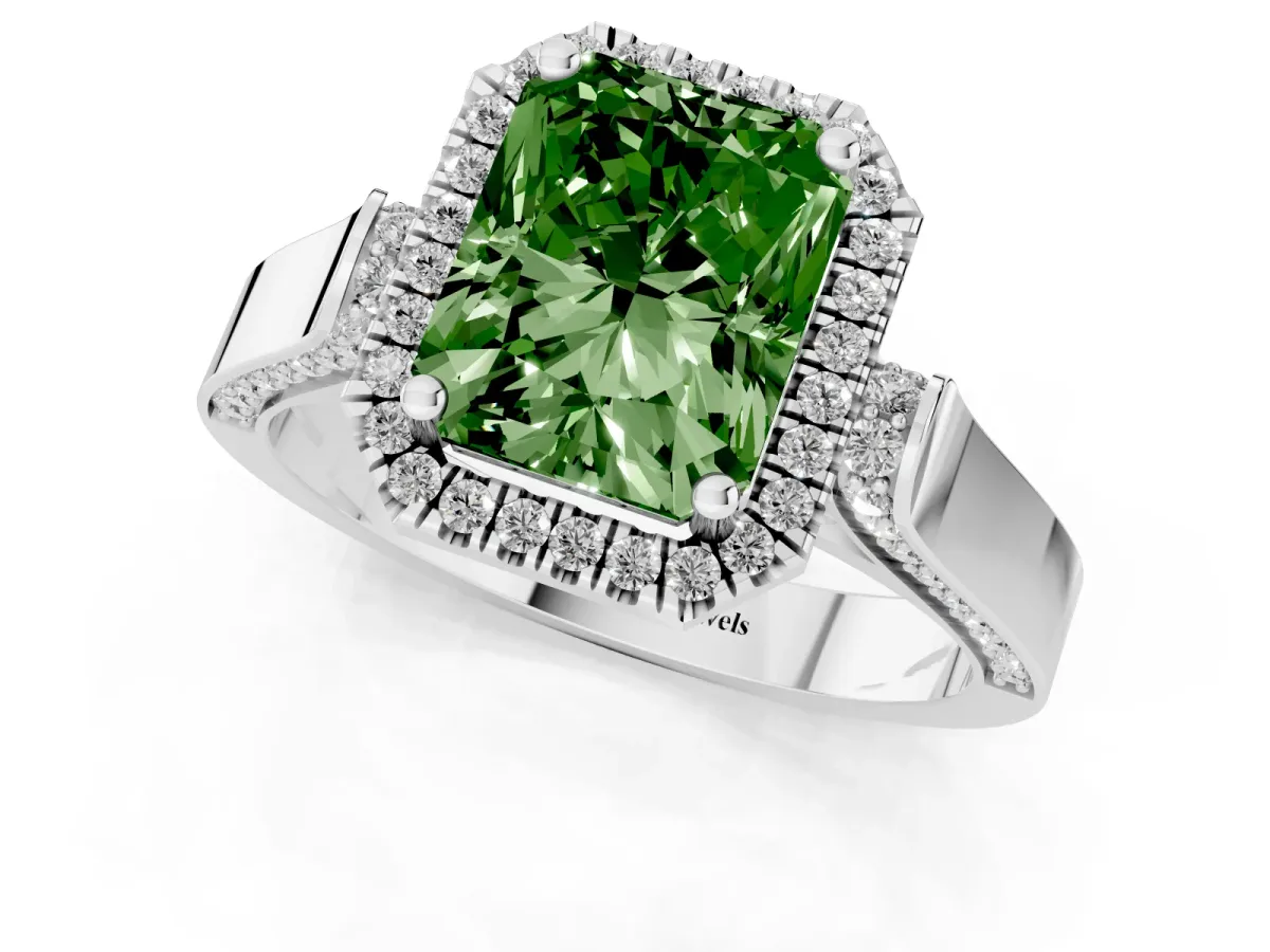 Fancy Green Radiant Cut Halo Round Diamond Twist Band with Four-Prong Setting White gold