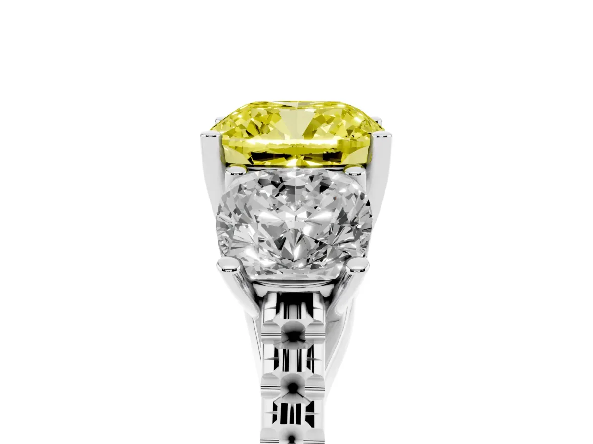 Fancy Yellow Three-Stone Cushion Cut Diamond Ring with Round Pavé Band and Prong Setting Silver
