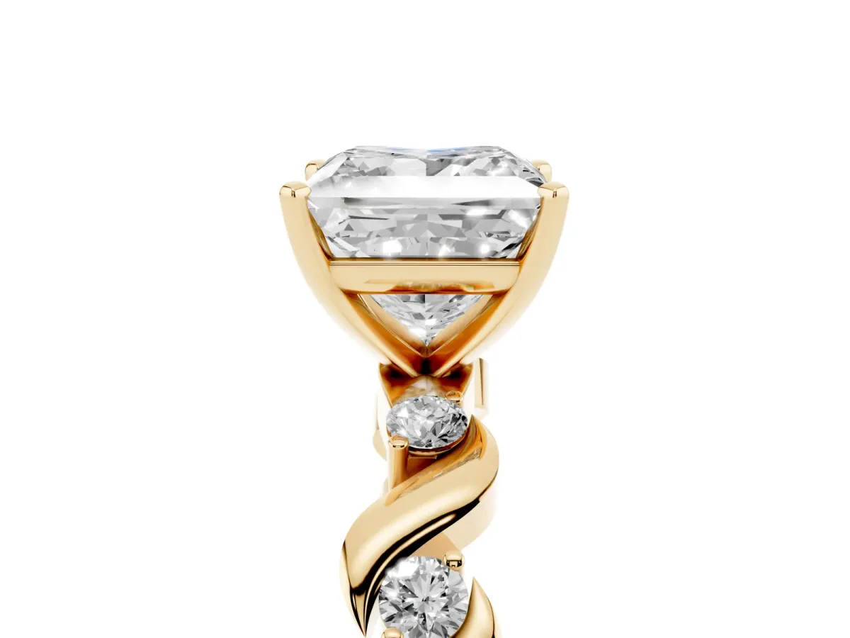 Princess Cut Diamond Solitaire Twisted Band with Round Accents and Prong Setting Yellow gold