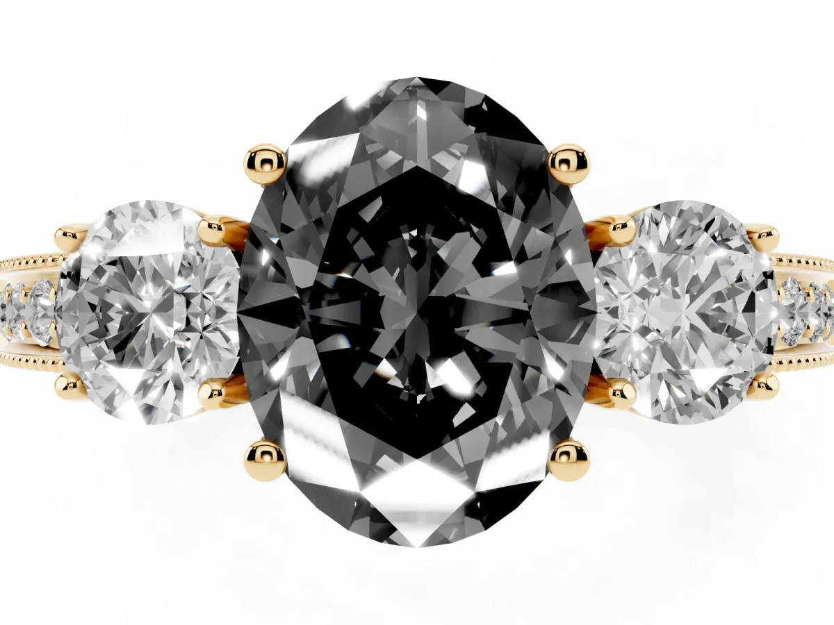 Fancy Black Oval Cut Three-Stone Diamond Ring with Pavé Band and Four-Prong Setting Yellow gold