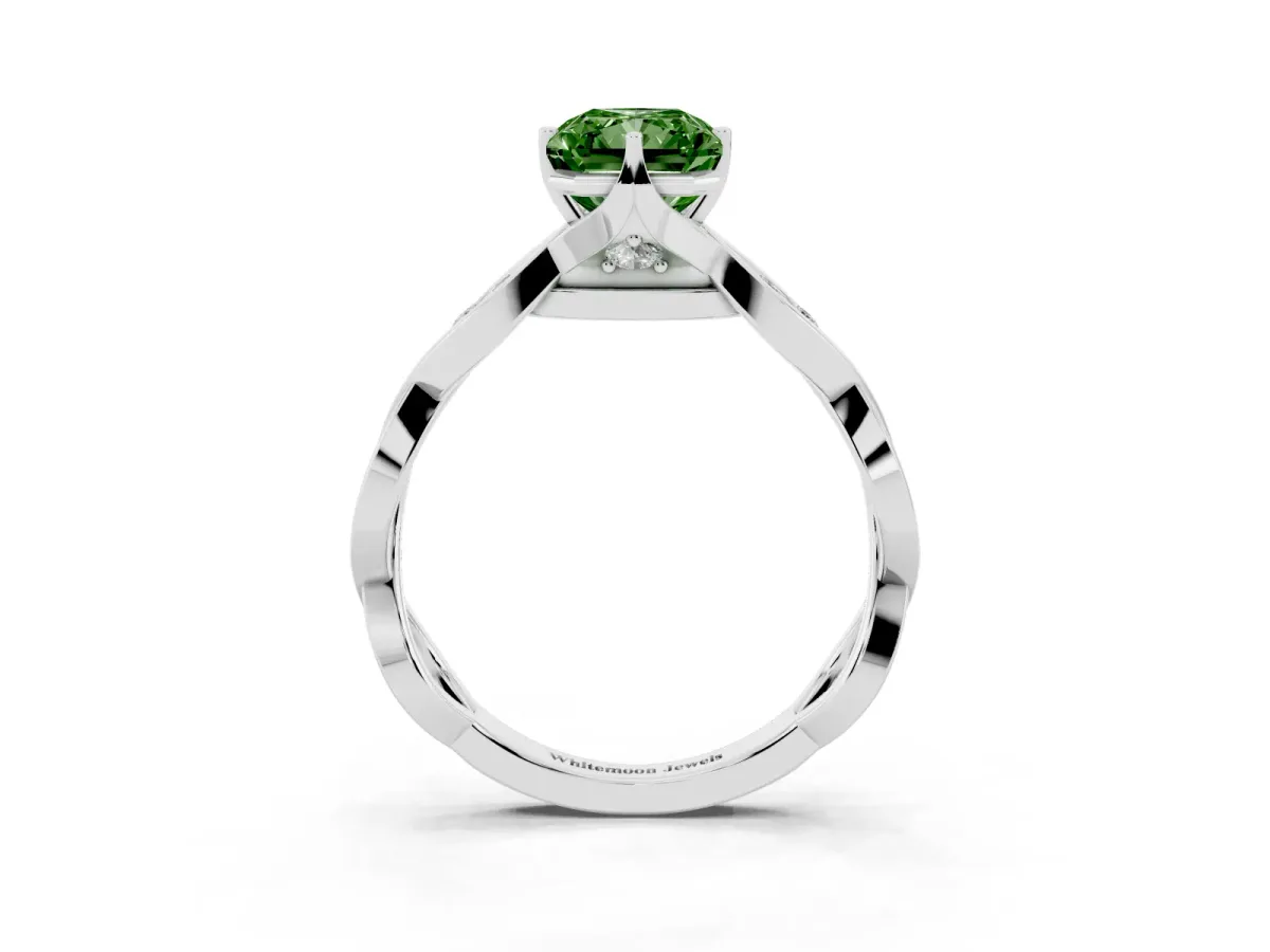 Fancy Green Radiant Cut Solitaire Twist Band with Leaf Prong Setting Silver