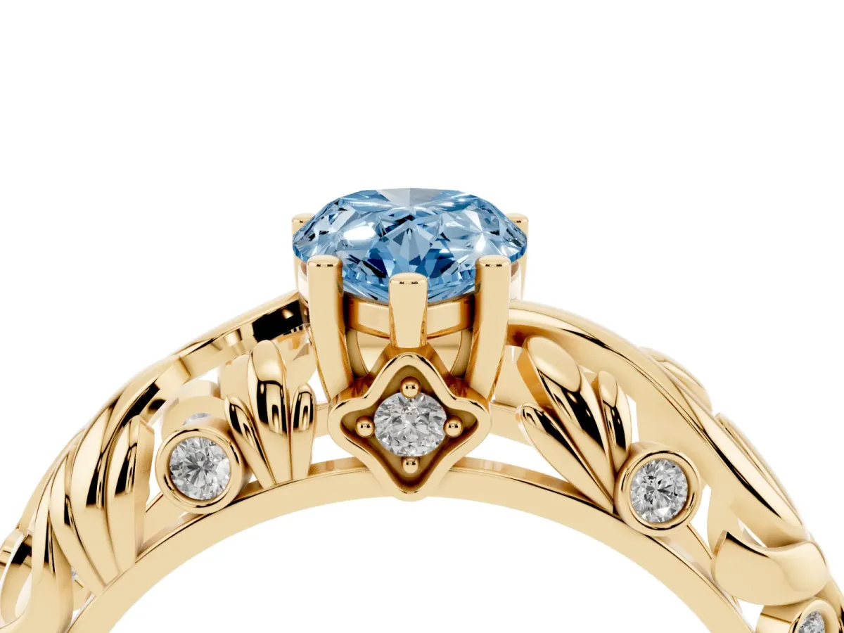 Fancy Blue Pear Cut Solitaire Diamond Leaf-Inspired Vine Band Ring with Prong Setting Yellow gold