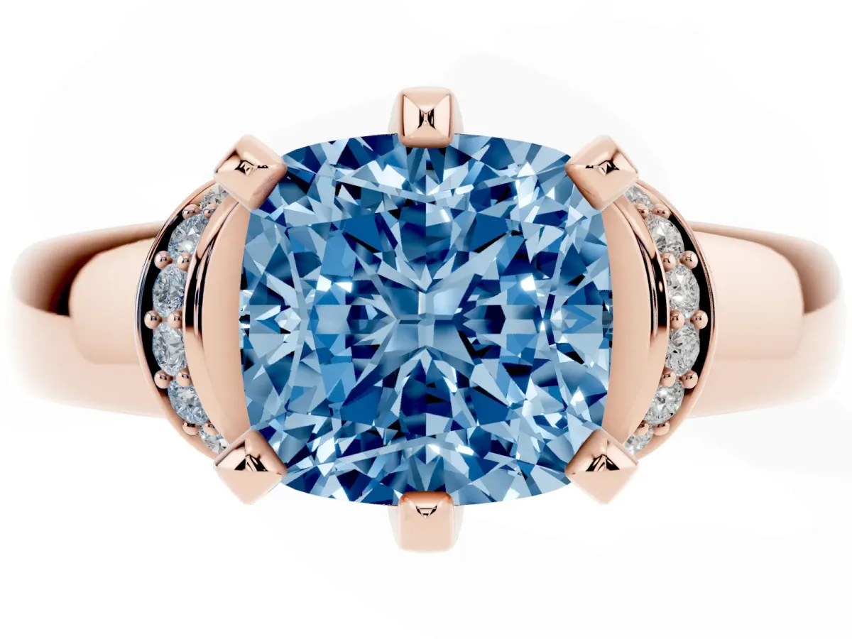 Fancy Blue Cushion Cut Solitaire Diamond Ring with Pave Band and Six-Prong Setting Rose gold