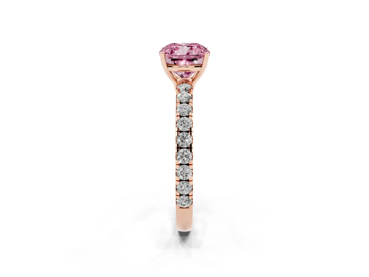 Fancy Pink Cushion Cut Diamond Pavé Solitaire Engagement Ring with Four-Prong Setting Rose gold