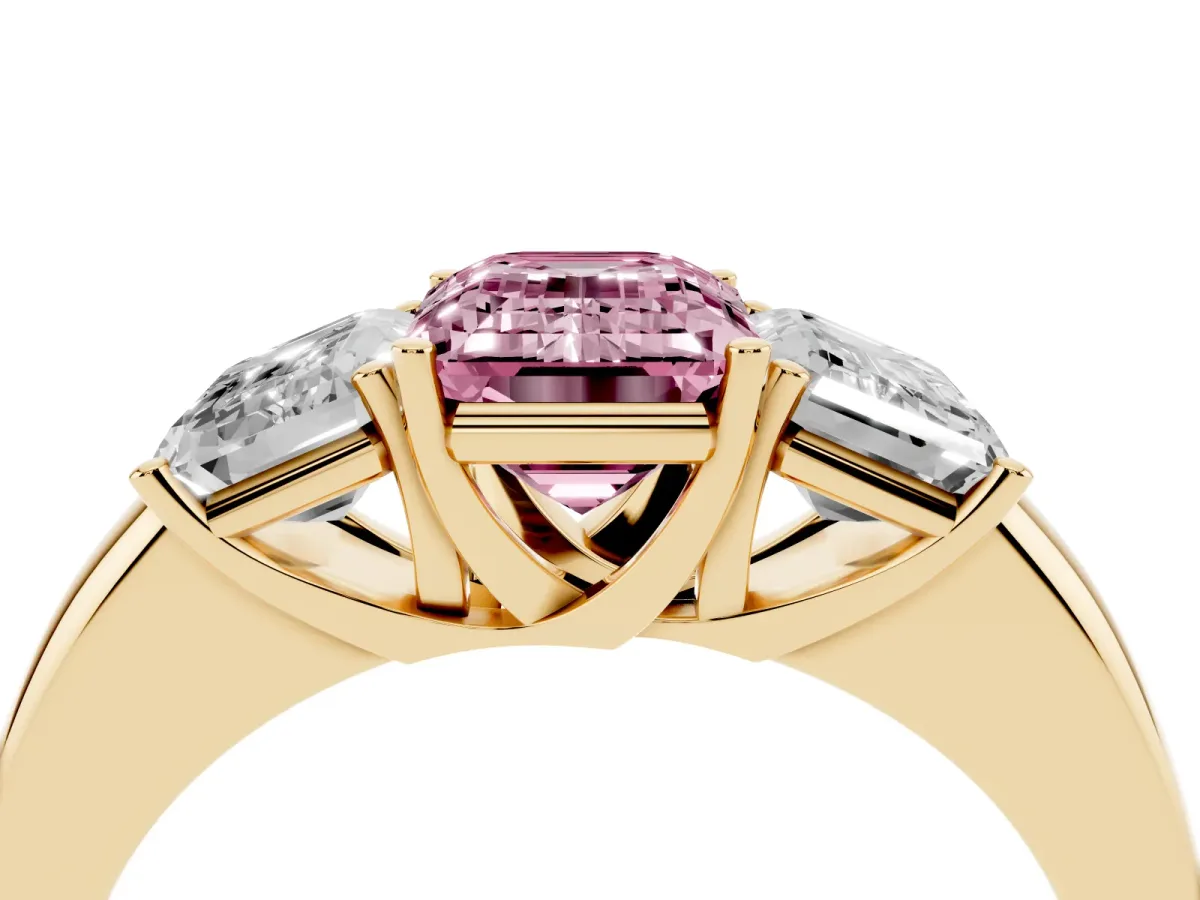 Fancy Pink Emerald Cut Diamond Three-Stone Ring with Four-Prong Setting and Classic Band Yellow gold