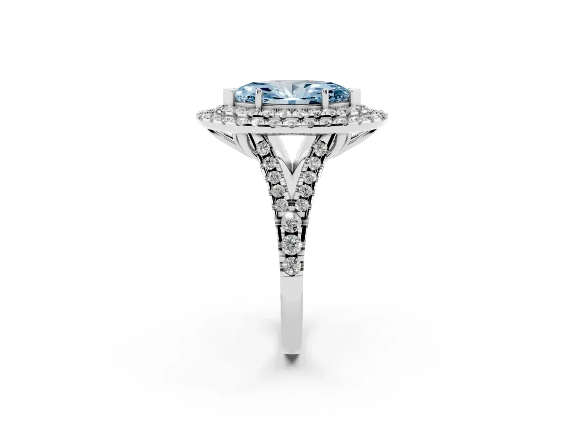 Fancy Blue Double Halo Marquise Cut Diamond Pavé Split Shank Ring with Prong Setting Platinum