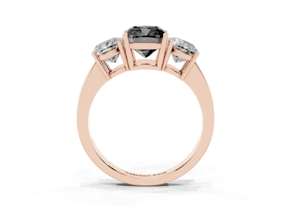 Fancy Black Three-Stone Cushion Cut Cut Diamond Engagement Ring with Flat Band and Four-Prong Setting Rose gold