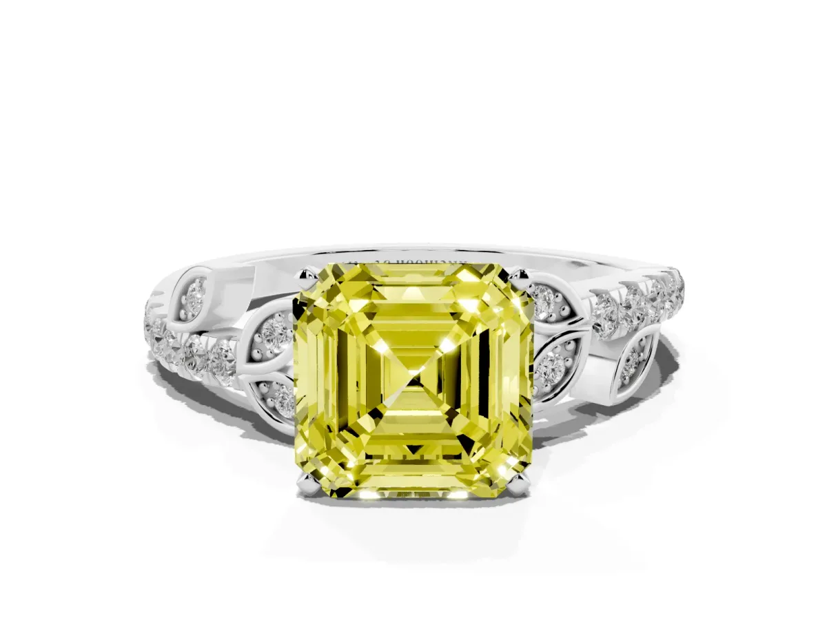 Fancy Yellow Asscher Cut Solitaire Leaf-Inspired Diamond Ring with Pavé Band and Four-Prong Setting Silver
