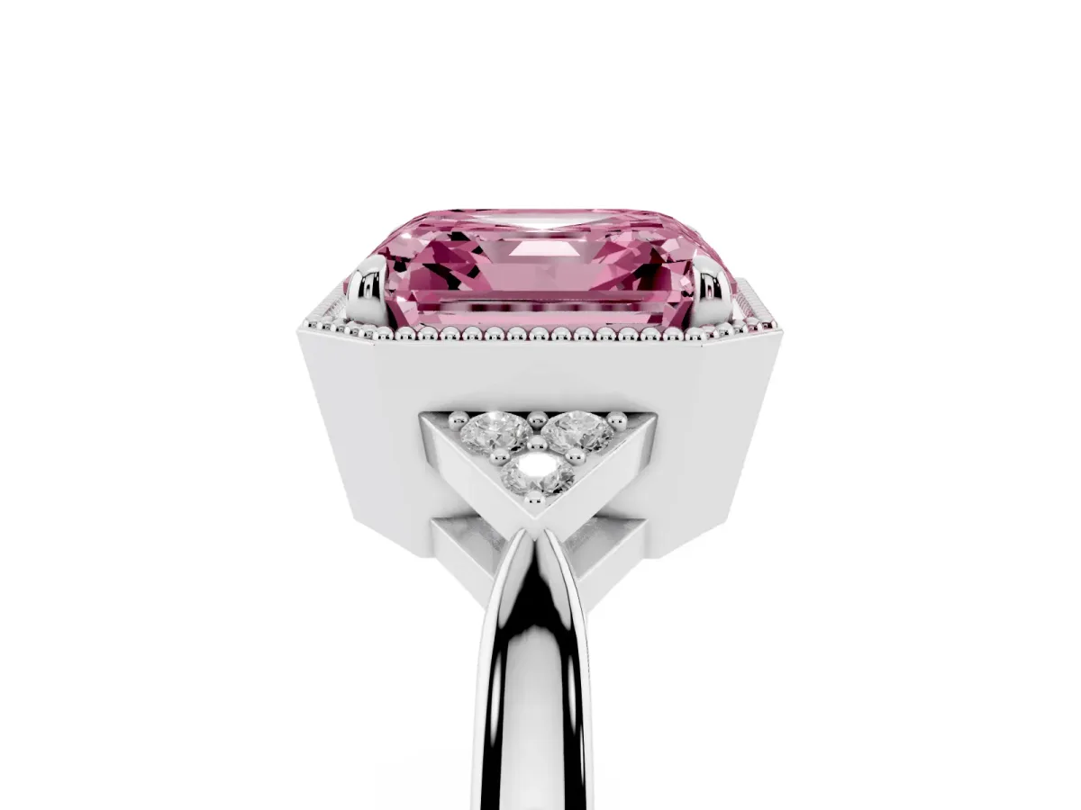 Fancy Pink Hexagonal Halo Asscher Cut Diamond Solitaire with Pavé Band and Four-Prong Setting Silver