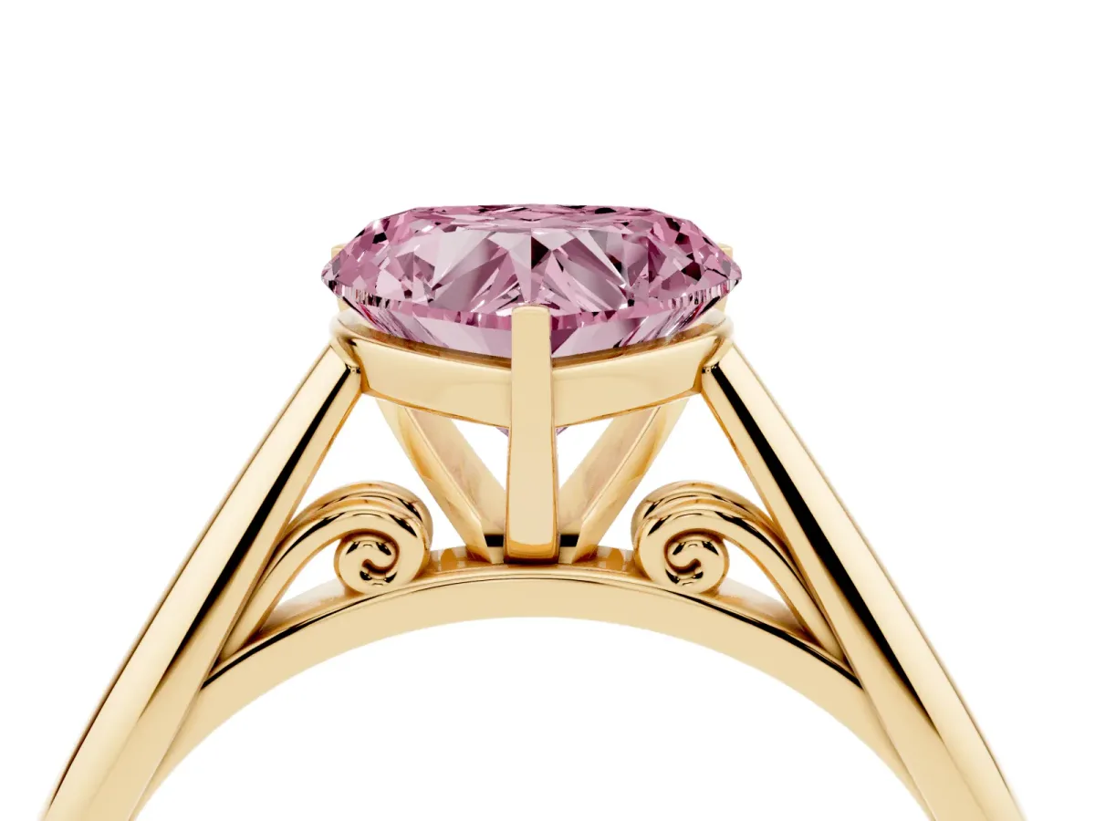 Fancy Pink Heart Cut Diamond Solitaire Engagement Ring with Cathedral Setting and Four-Prong Mount Yellow gold