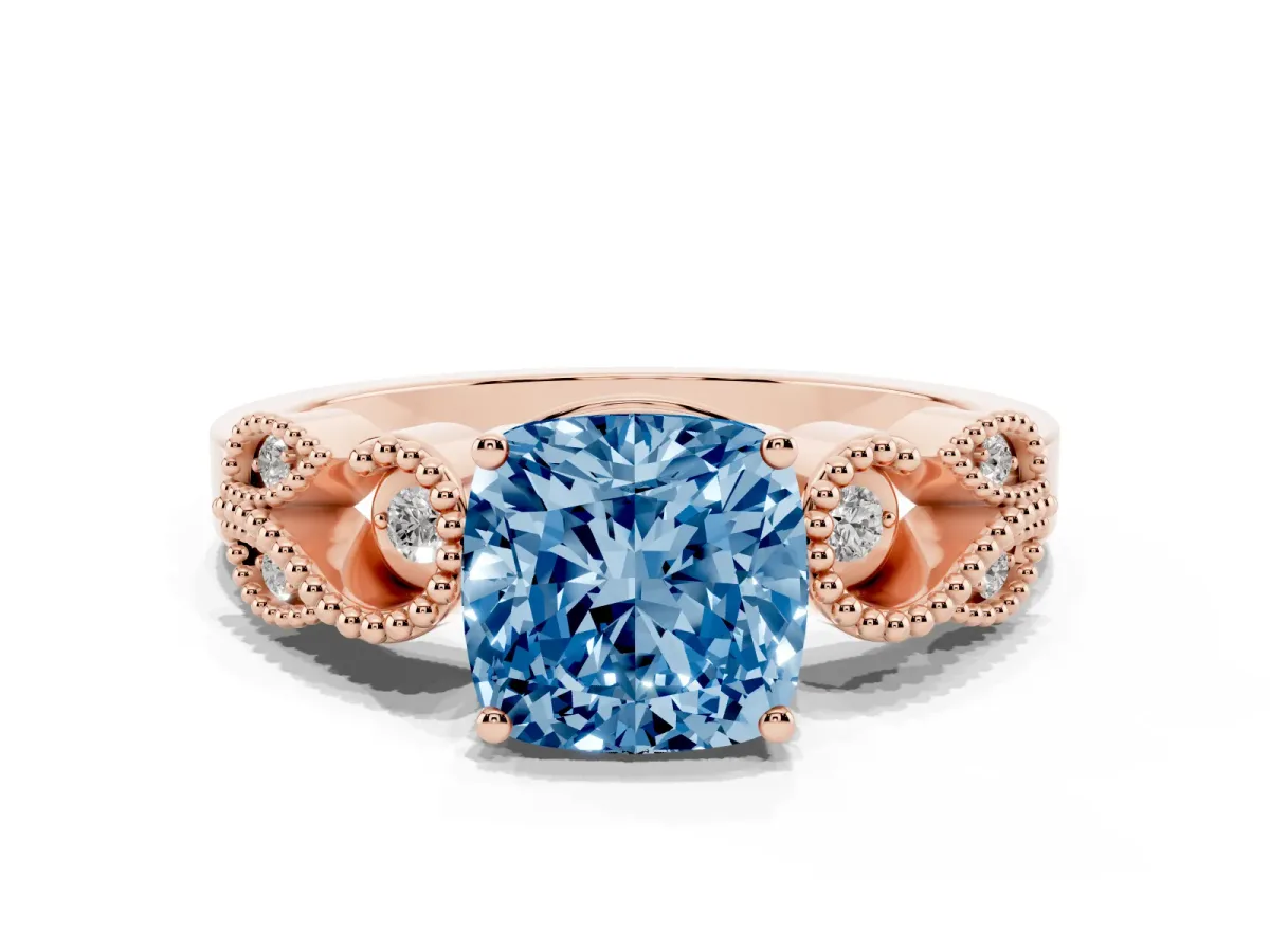 Fancy Blue Cushion Cut Solitaire Milgrain Leaf Band with Prong Setting Rose gold