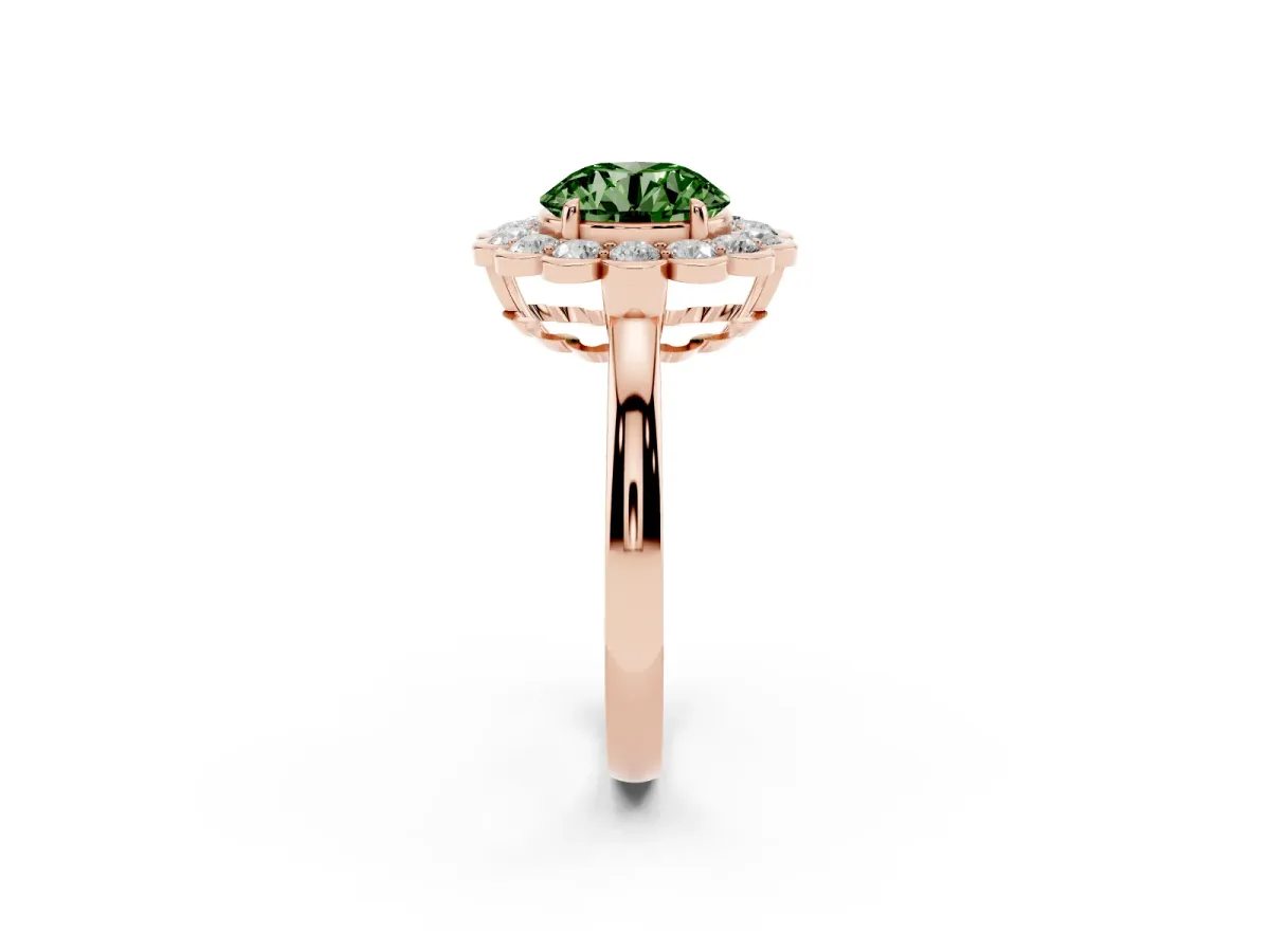 Fancy Green Round Cut Halo Cluster Diamond Engagement Ring with Solitaire Band and Prong Setting Rose gold
