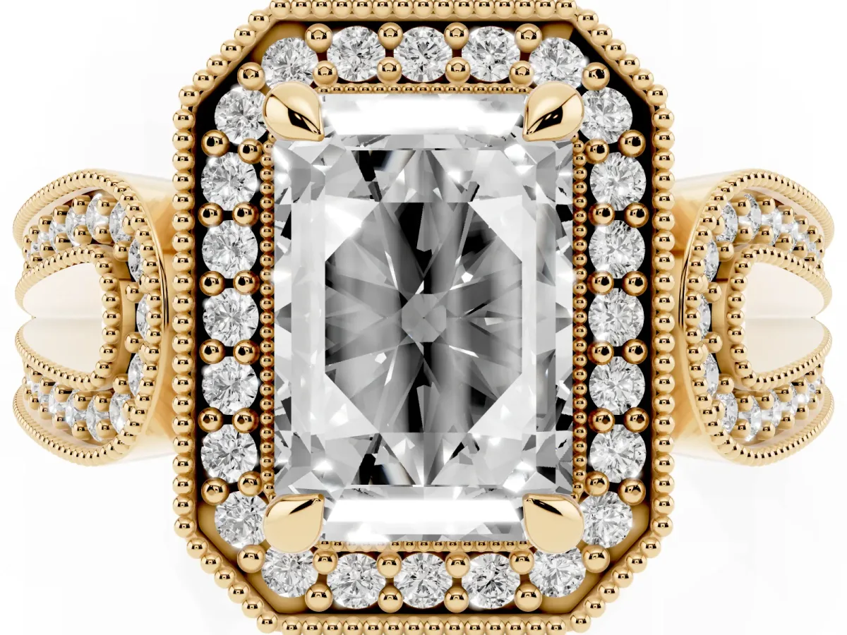 Emerald Cut Halo Split Shank Milgrain Diamond Ring Yellow gold