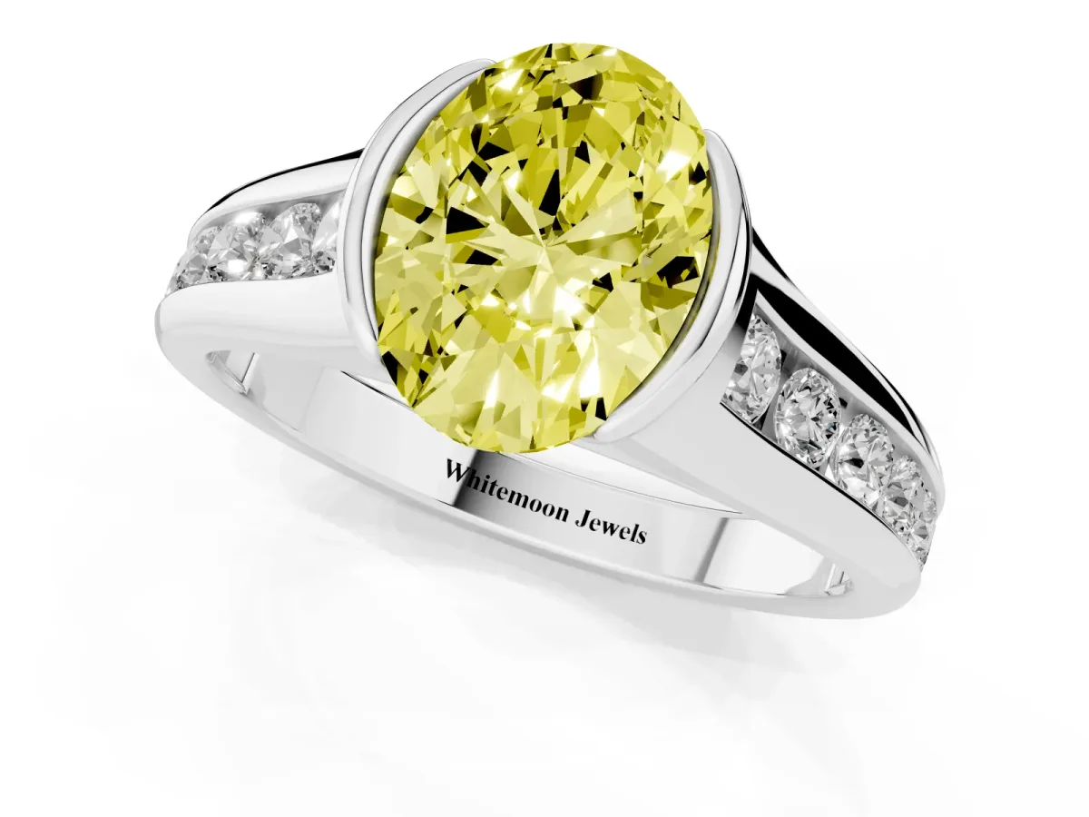 Fancy Yellow Oval Cut Solitaire Bezel-Set Diamond Ring with Channel-Set Band Silver