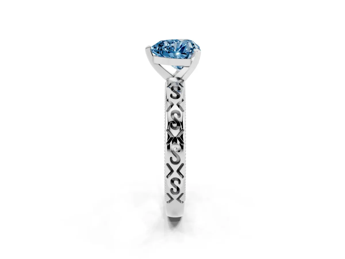 Fancy Blue Heart Cut Solitaire Engagement Ring with Scrollwork Band and Four-Prong Setting White gold