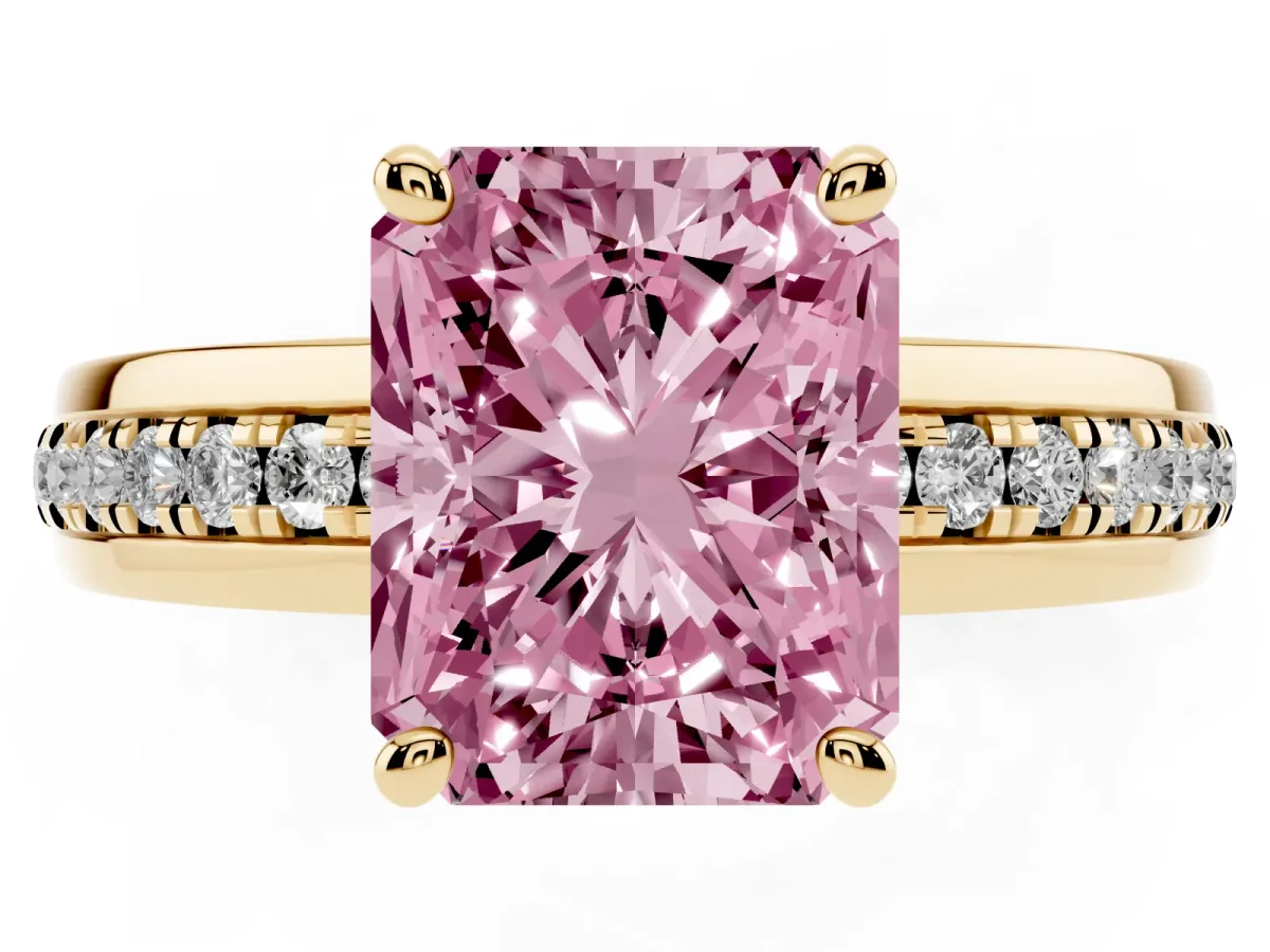 Fancy Pink Radiant Cut Solitaire Diamond Ring with Channel Set Band and Six-Prong Setting Yellow gold