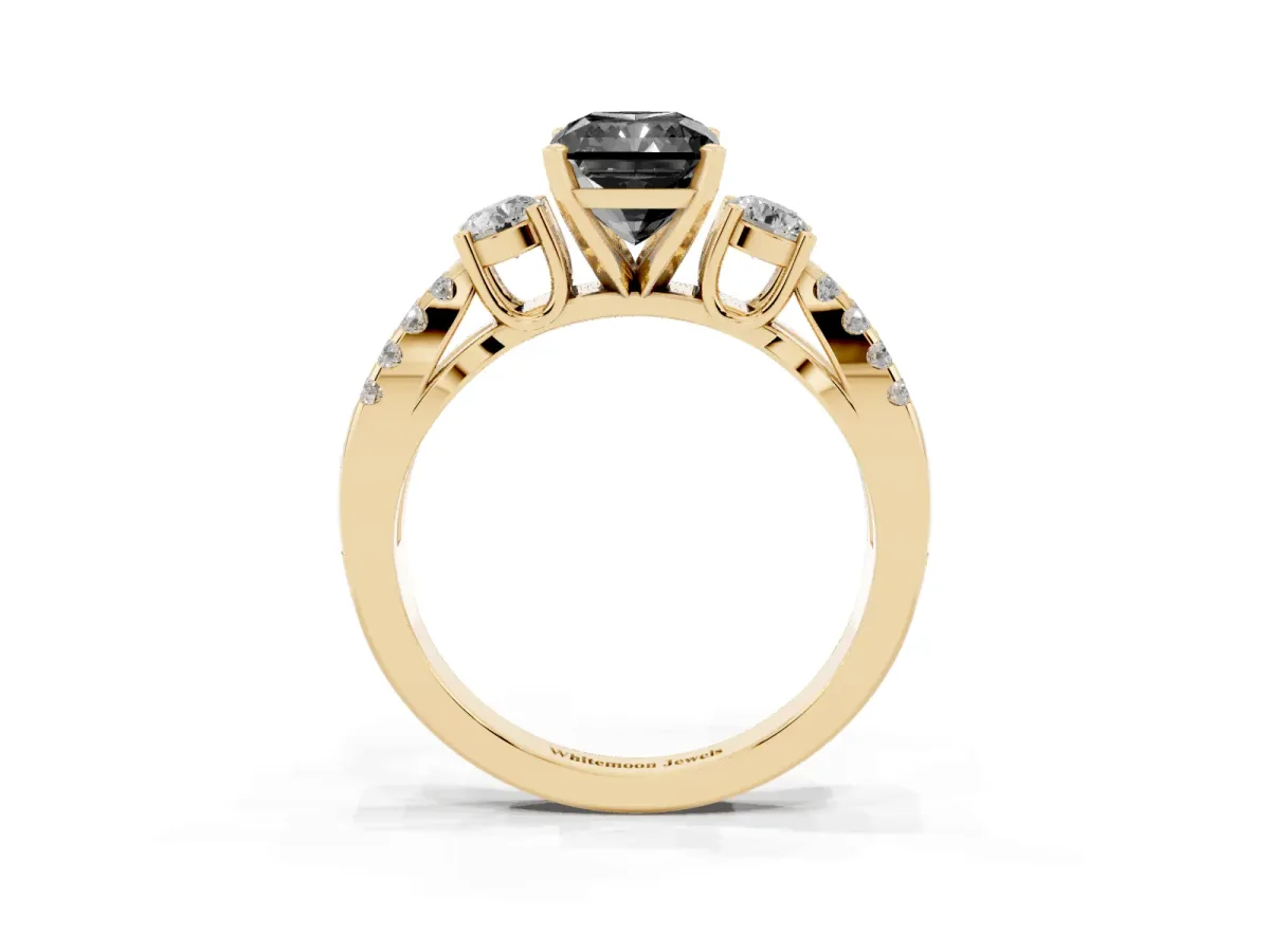 Fancy Black Radiant Cut Diamond Three-Stone Ring with Pavé Split Shank and Four-Prong Setting Yellow gold