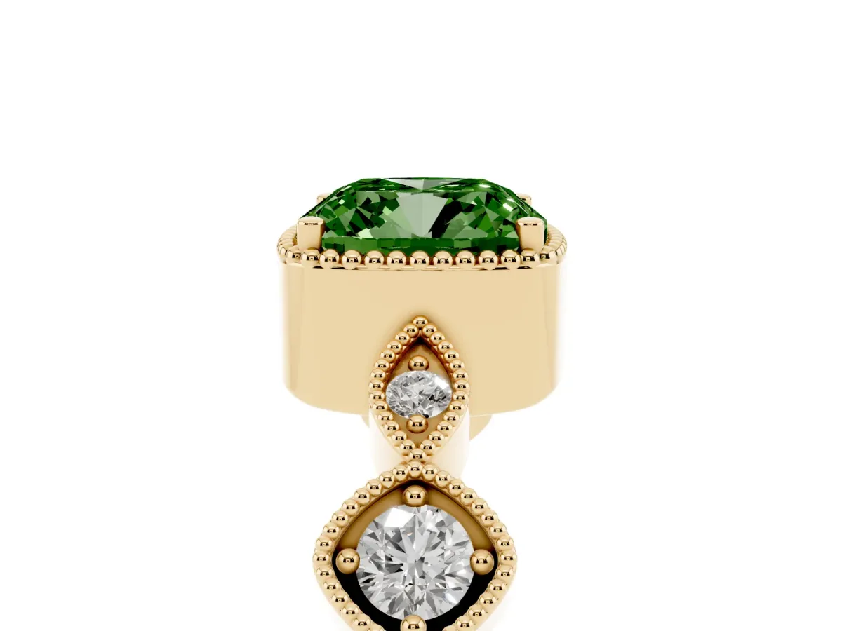 Fancy Green Cushion Cut Diamond Vintage Milgrain Ring with Round Stations Yellow gold