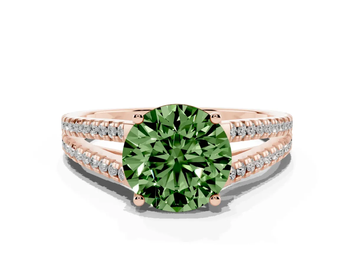 Fancy Green Round Cut Diamond Solitaire Engagement Ring with Split Shank Pavé Band Rose gold