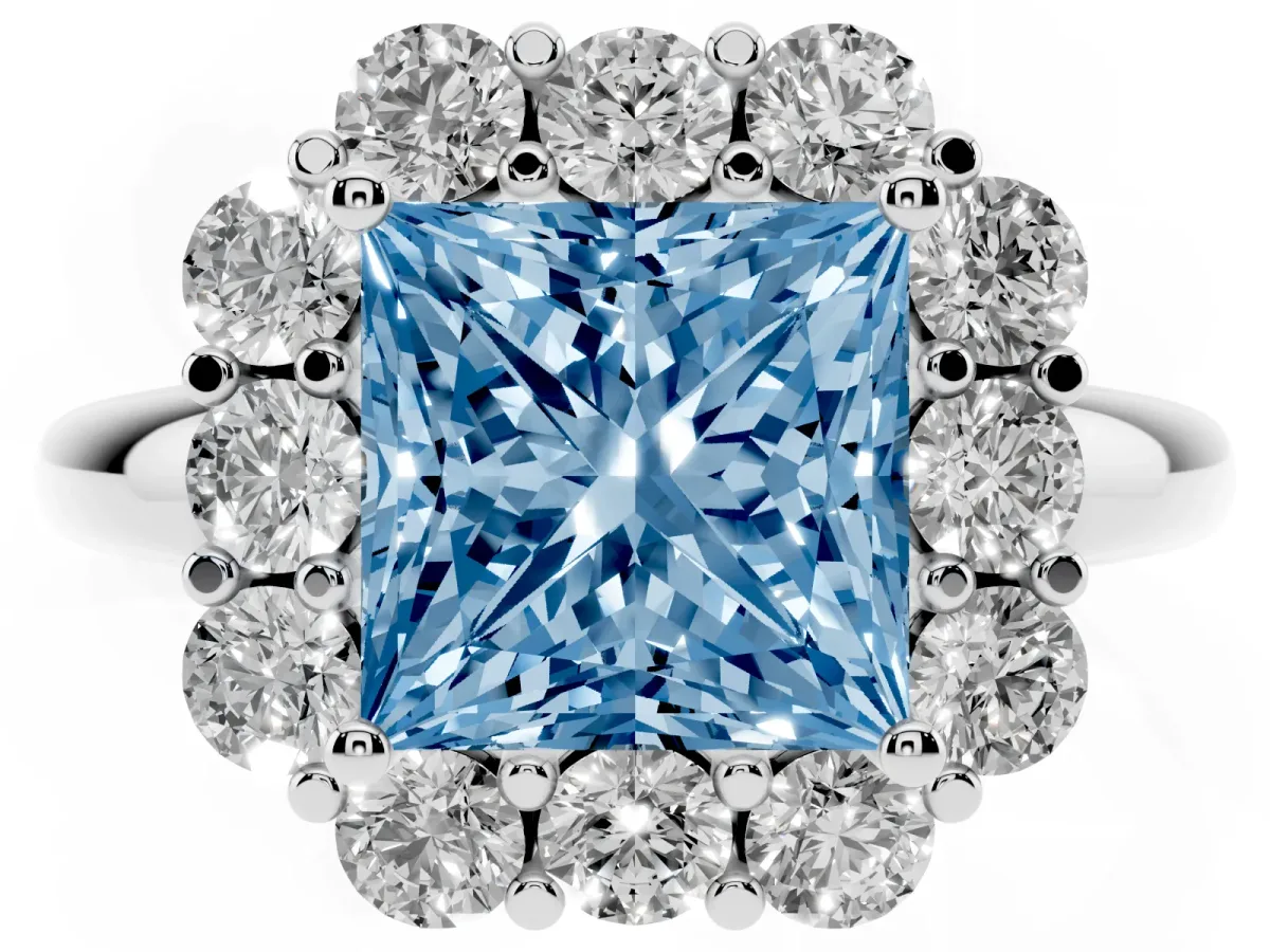 Fancy Blue Princess Cut Halo Milgrain Solitaire with Bezel Set Side Stones and Pave Band Platinum