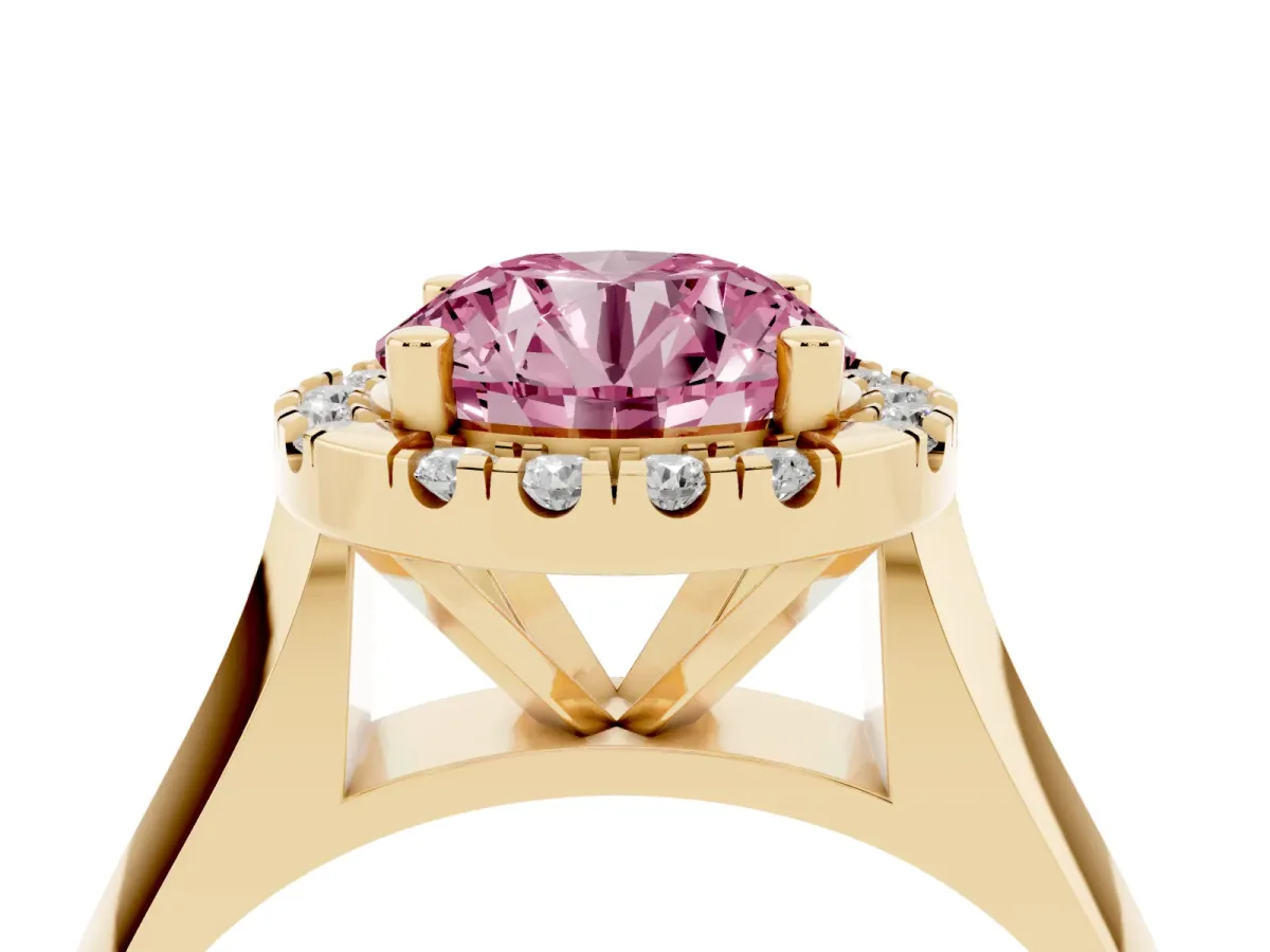 Fancy Pink Round Cut Cut Halo Solitaire Engagement Ring with Square Band and Four-Prong Setting Yellow gold