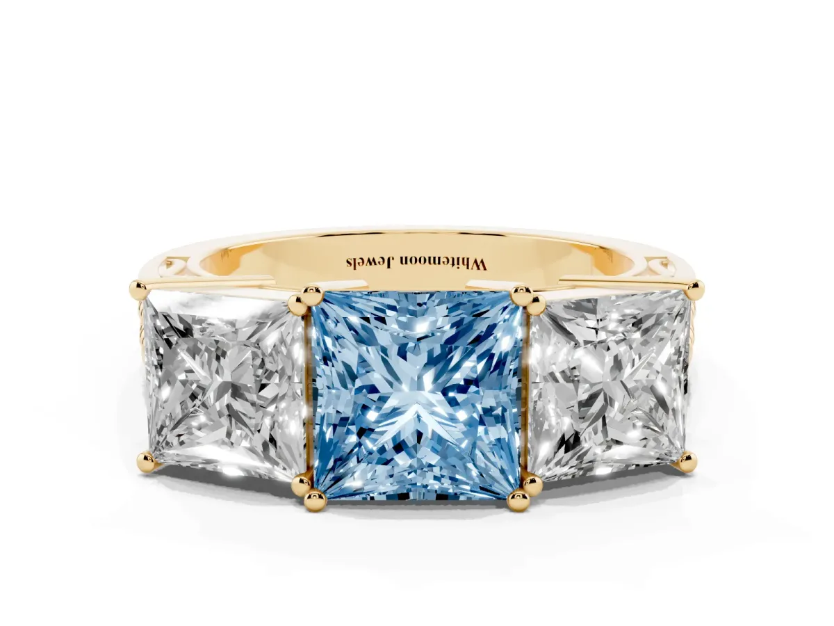 Fancy Blue Princess Cut Diamond Three-Stone Ring with Prong Setting and Textured Band Yellow gold