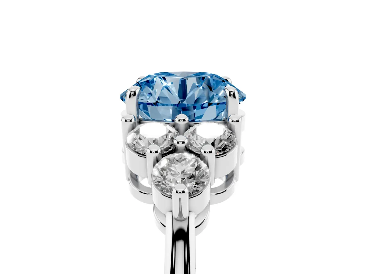 Fancy Blue Round Cut Brilliant Diamond Cluster Accent Solitaire Ring with Prong Setting Platinum