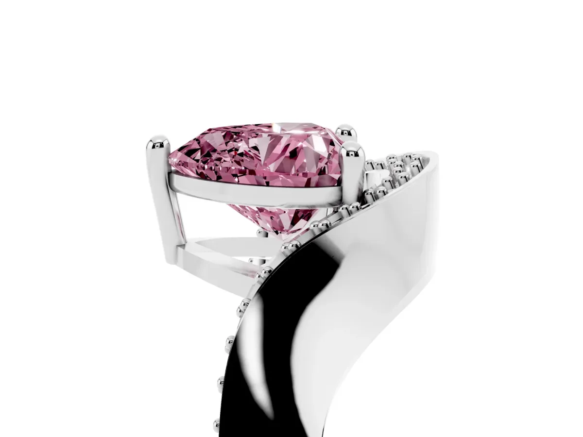 Fancy Pink Heart Cut Solitaire Diamond Engagement Ring with Pave Band and Four-Prong Setting Platinum