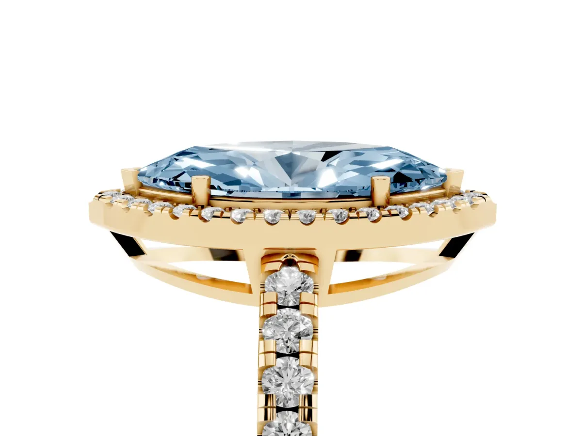 Fancy Blue Marquise Cut Diamond Halo Ring with Pavé Band and Four-Prong Setting Yellow gold