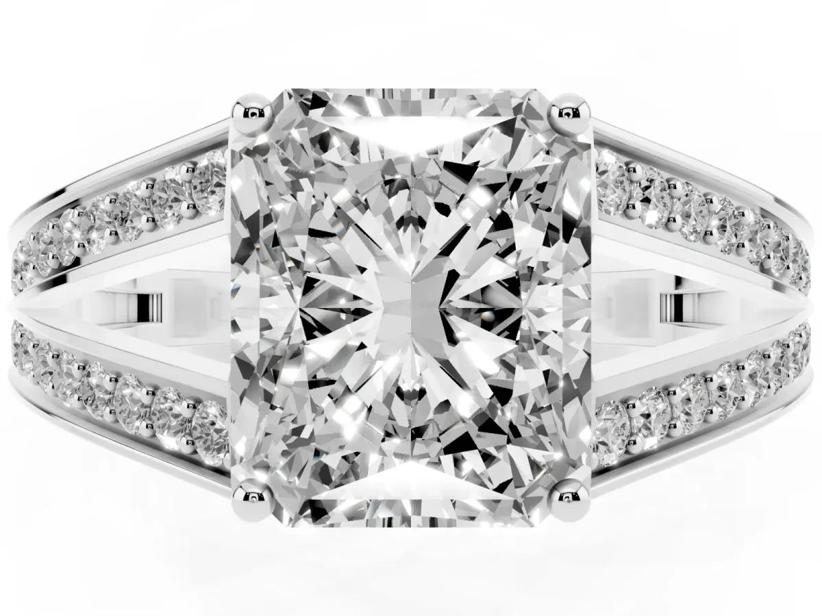 Radiant Cut Diamond Split Shank Ring with Pavé Band and Four-Prong Setting White gold