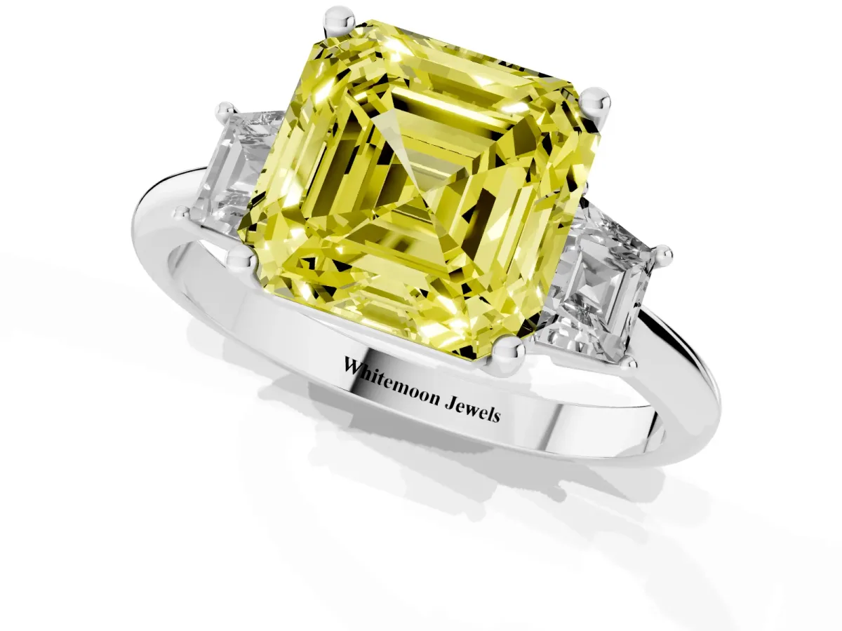 Fancy Yellow Asscher Cut Diamond Three-Stone Ring with Trapezoid Side Stones and Prong Setting Platinum