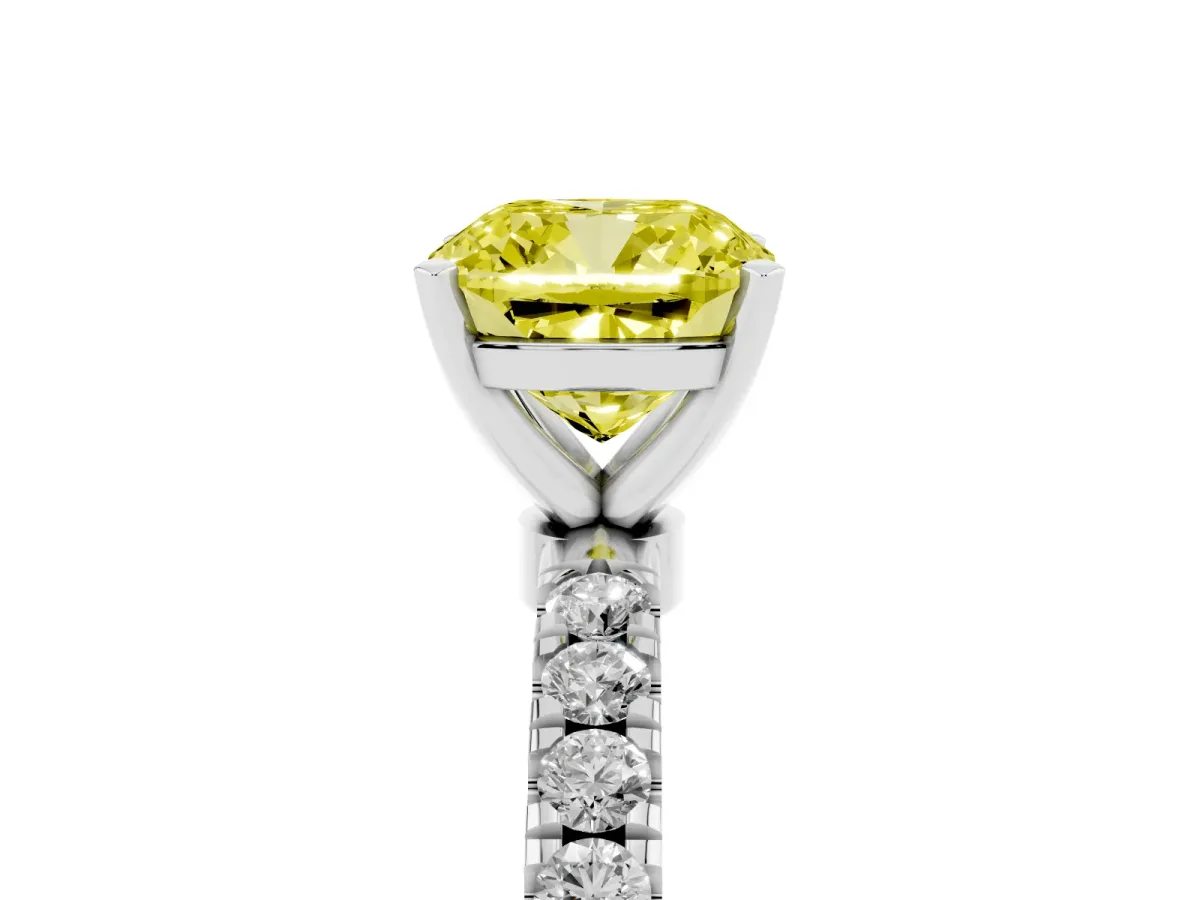 Fancy Yellow Cushion Cut Diamond Solitaire Ring with Pavé Accents and Four-Prong Setting Silver