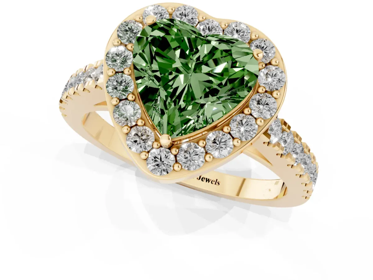 Fancy Green Heart Cut Diamond Halo Ring with Round Pavé Split Shank and Prong Setting Yellow gold