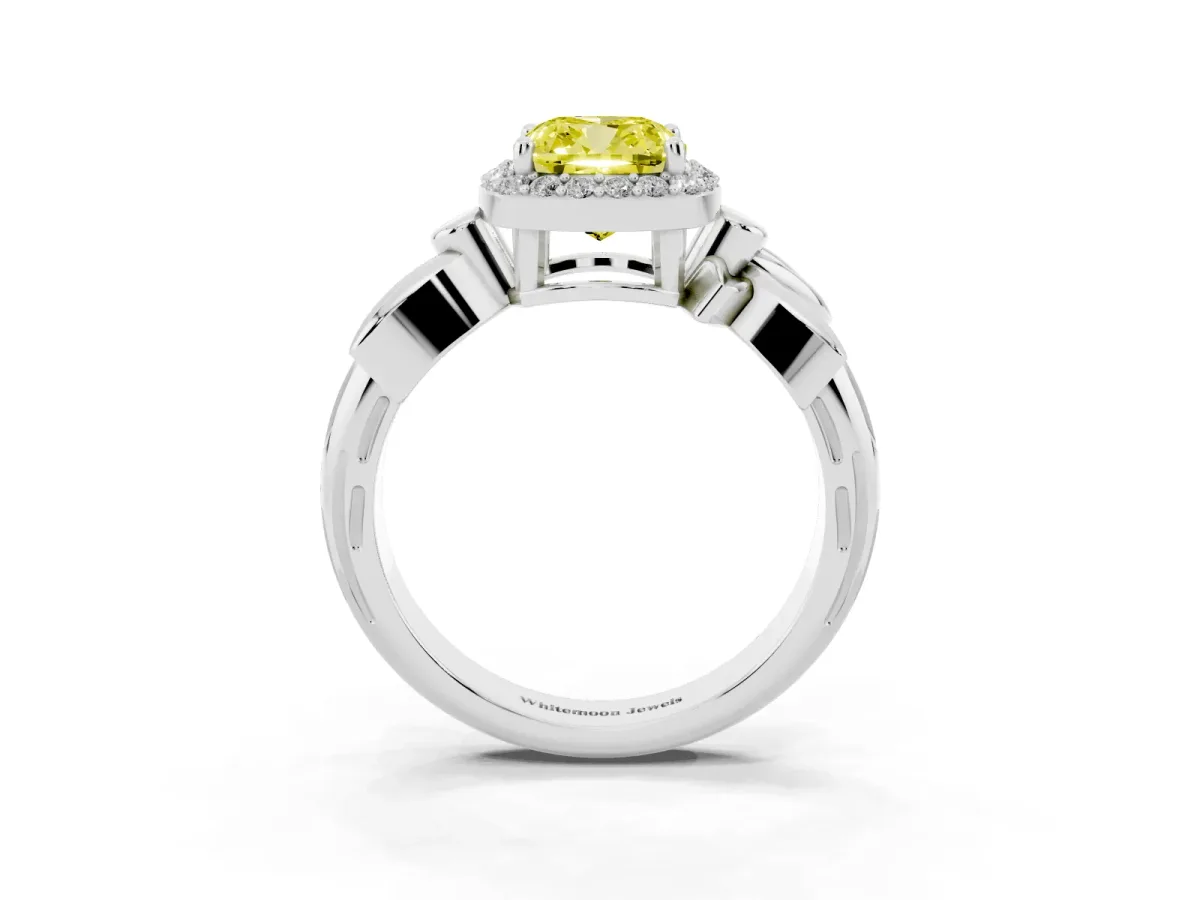 Fancy Yellow Cushion Cut Halo Diamond Floral Band with Four-Prong Setting Platinum