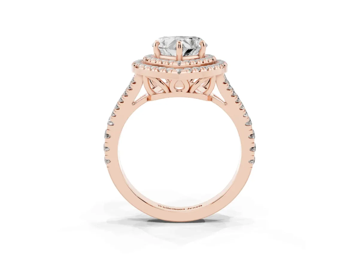 Heart Cut Diamond Double Halo Ring with Pavé Band and Prong Setting Rose gold