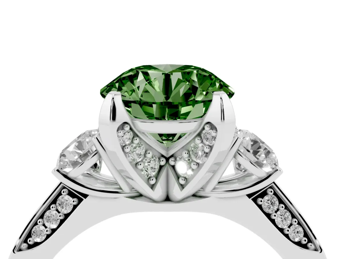 Fancy Green Round Cut Brilliant Three-Stone Diamond Ring with Pavé Band and Four-Prong Setting White gold