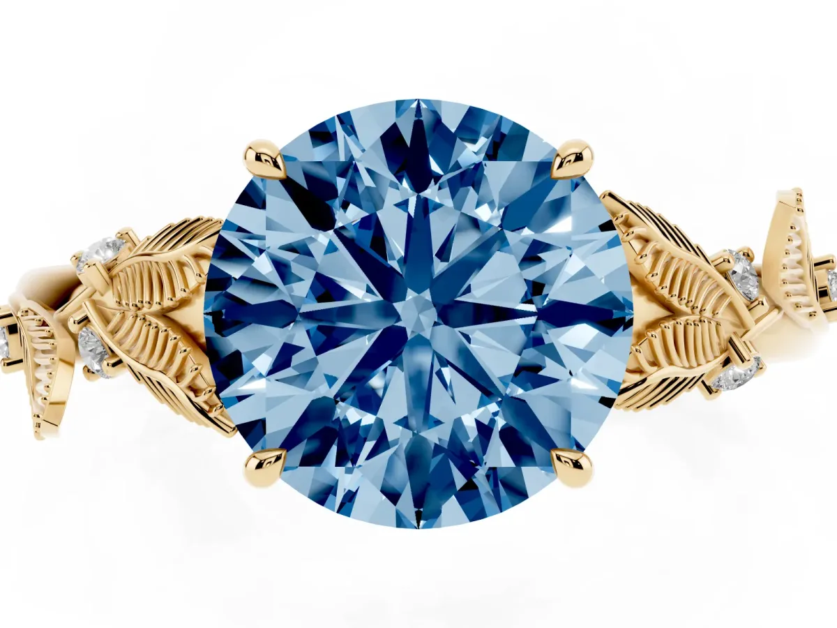 Fancy Blue Round Cut Diamond Solitaire Ring with Leaf Motif Band and Four-Prong Setting Yellow gold