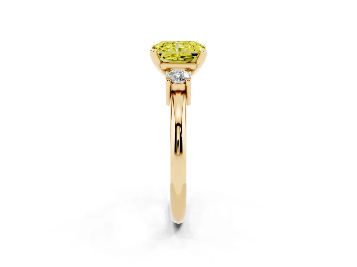 Fancy Yellow Three-Stone Radiant Cut Cut Diamond Solitaire with Prong Setting and Classic Band Yellow gold