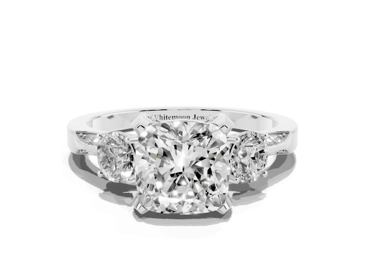 Cushion Cut Brilliant Three-Stone Diamond Ring with Pavé Band and Four-Prong Setting Silver