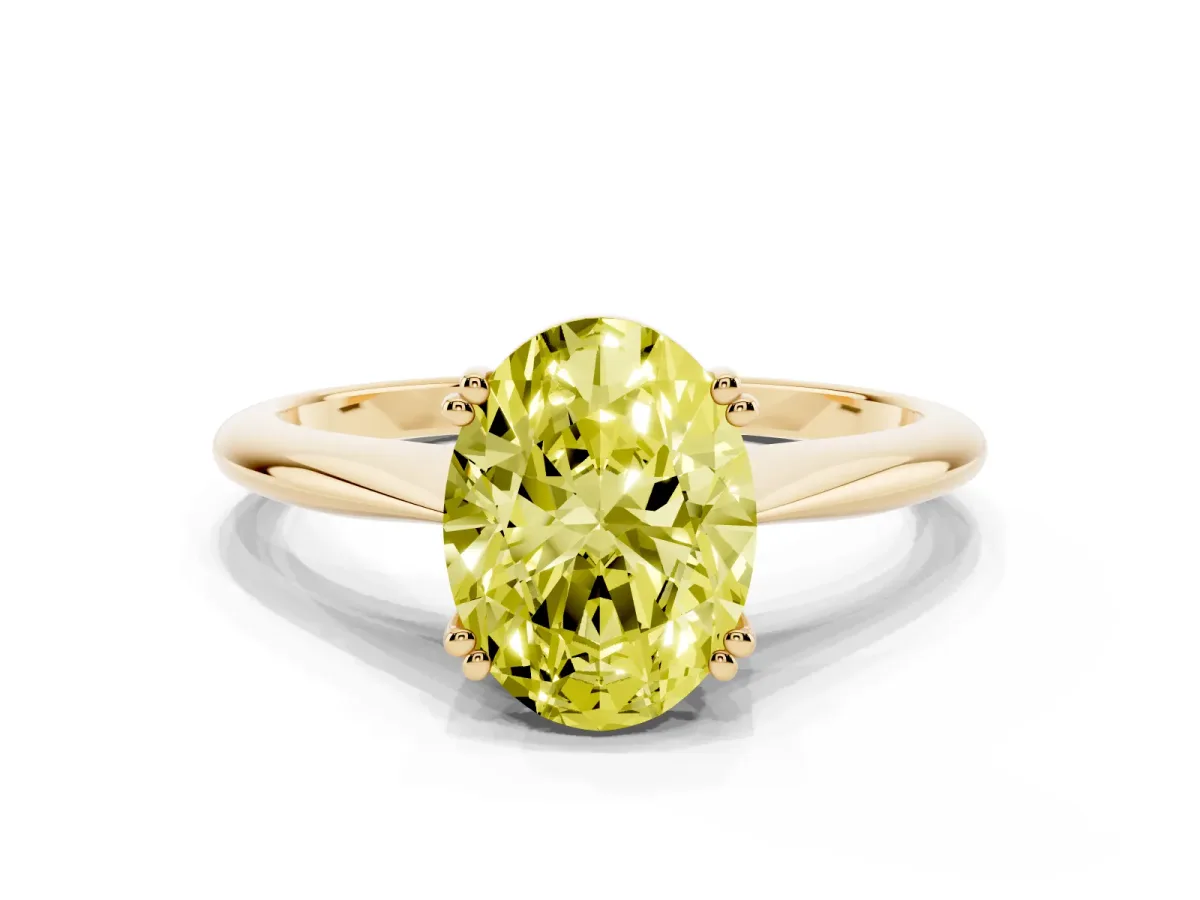 Fancy Yellow Oval Cut Solitaire Diamond Ring with Six-Prong Setting and Classic Band Yellow gold