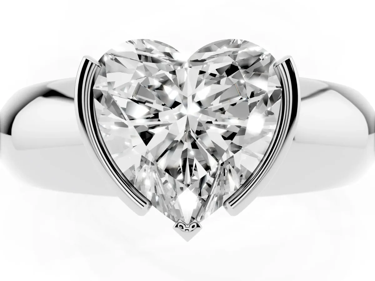 Heart Cut Solitaire Tension Set Diamond Ring with Wide Band White gold