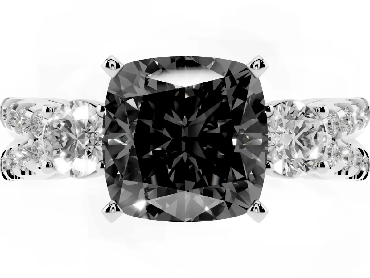 Fancy Black Cushion Cut Diamond Three-Stone Ring with Pavé Split Shank and Four-Prong Setting Platinum