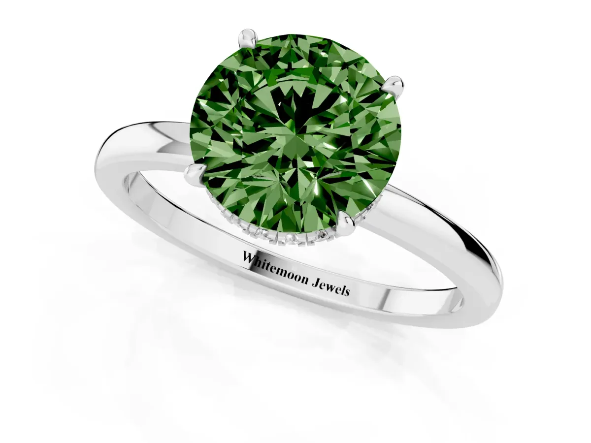 Fancy Green Round Cut Solitaire Engagement Ring with Cathedral Band and Four-Prong Setting White gold