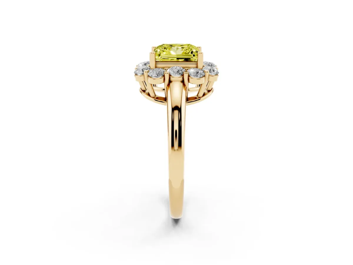 Fancy Yellow Princess Cut Halo Milgrain Solitaire with Bezel Set Side Stones and Pave Band Yellow gold