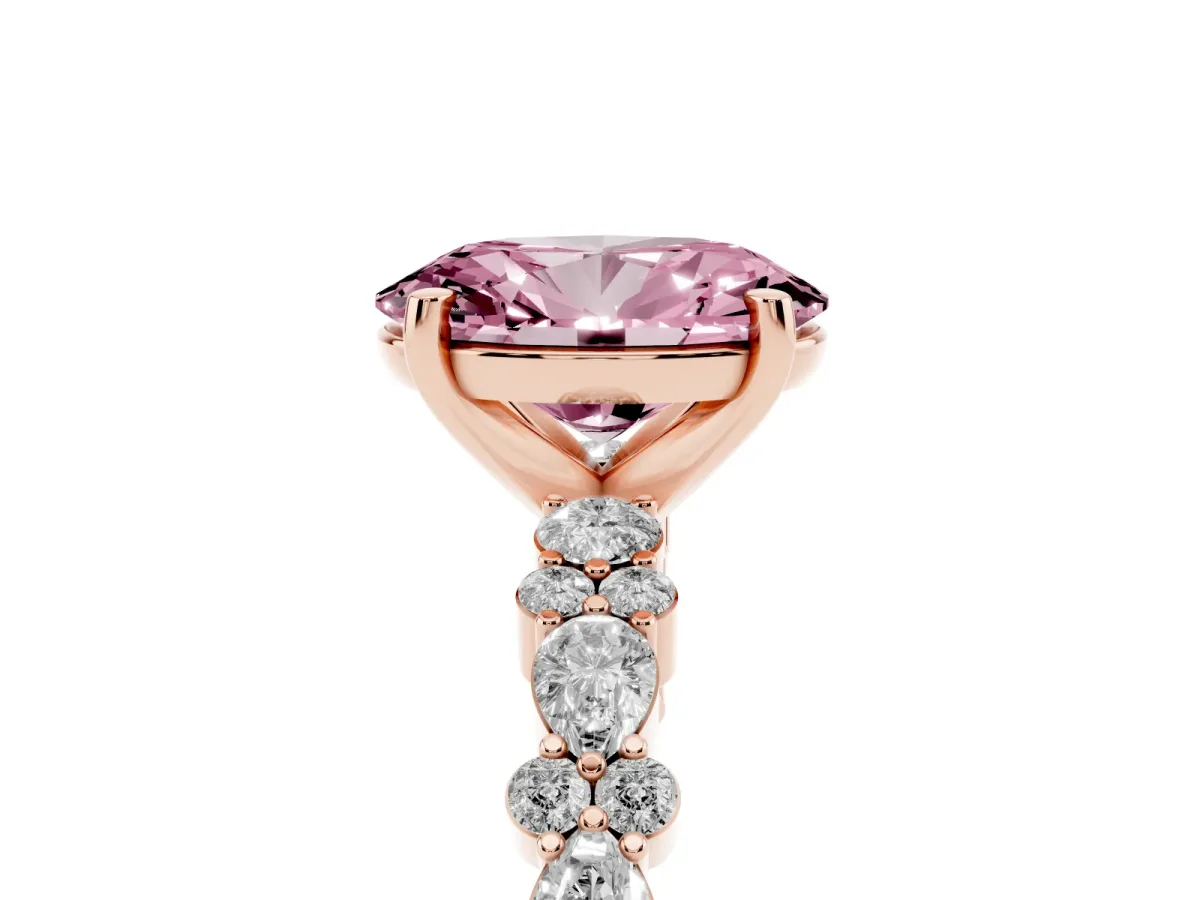 Fancy Pink Oval Cut Diamond Side Stone Solitaire Ring with Round and Four-Prong Setting Rose gold