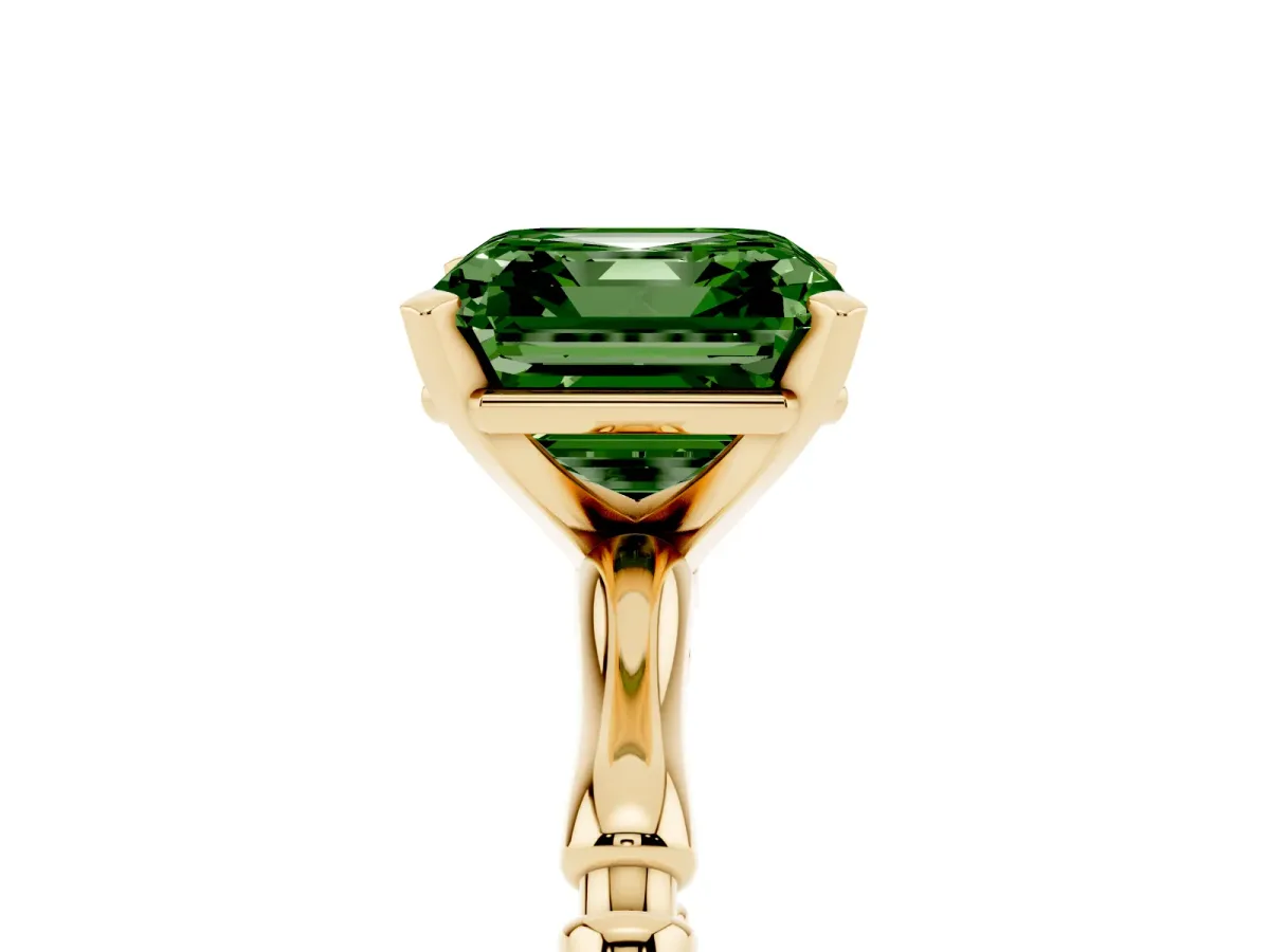 Fancy Green Asscher Cut Solitaire Diamond Ring with Bamboo Band and Four-Prong Setting Yellow gold