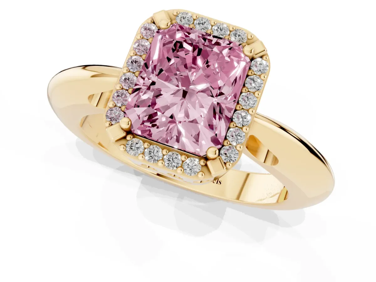 Fancy Pink Radiant Cut Cut Diamond Halo Engagement Ring with Split Shank and Four-Prong Setting Yellow gold